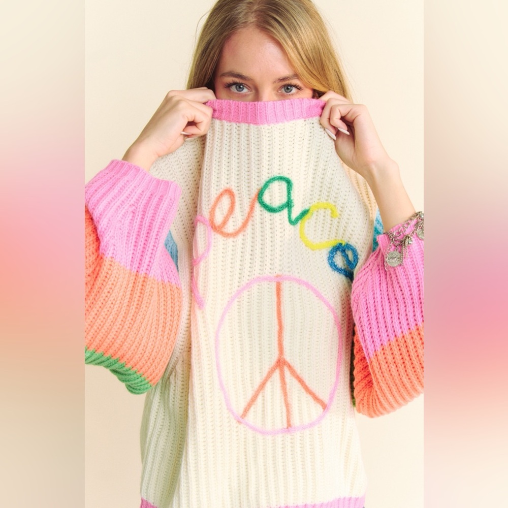 Multicolor Striped Peace Sign Balloon Sleeve Sweater - Davi & Dani - Picture 5 of 8